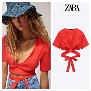 ZARA Coral-Red Wrap Crop Top with Tie-Back